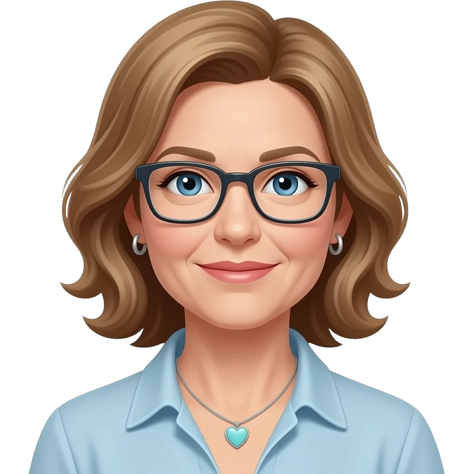 AJM - woman, blue eyes, mid 40's age, silver small hoop earrings, light brown hair, rectangular glasses, shoulder length wavy hair, small tiffany heart necklace emoji
