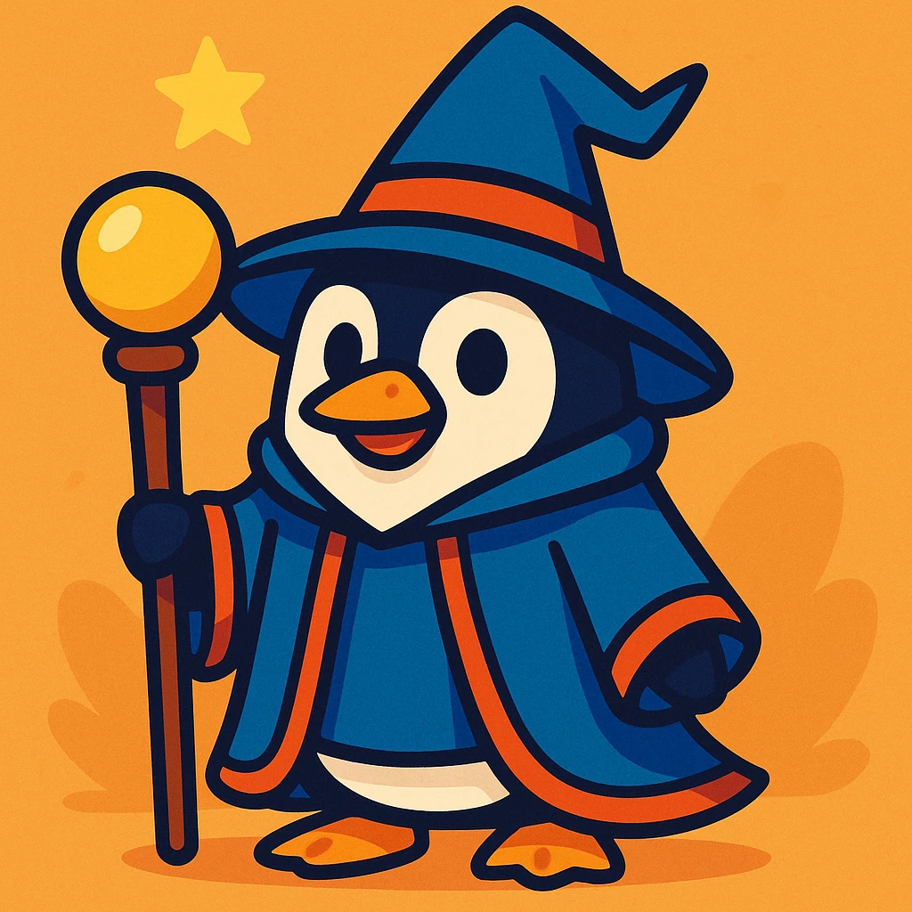 a penguin dressed as a wizard, with a pointy hat and a magic staff, in a charming, colorful style emoji