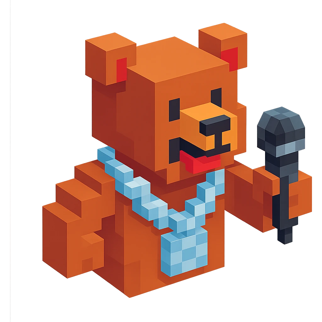 Russian grizzly bear with a silver rapper chain, holding a microphone emoji
