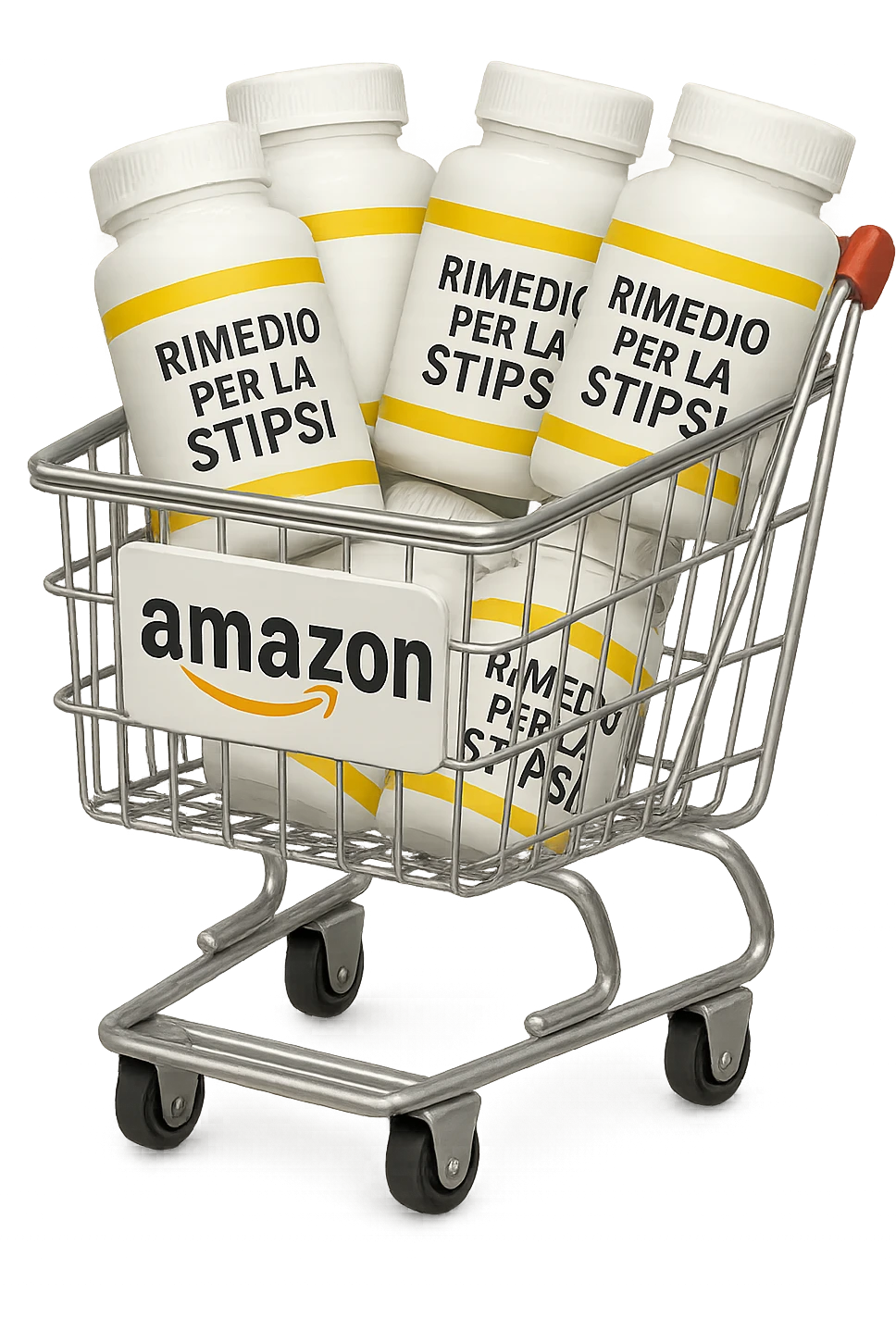 emoji stile iphone di un carrello per la spesa con l'icona di amazon stampata sopra, dentro al carretto ci sono varie boccette di integratori con la scritta "RIMEDIO PER LA STIPSI", iperrealistico 4k emoji