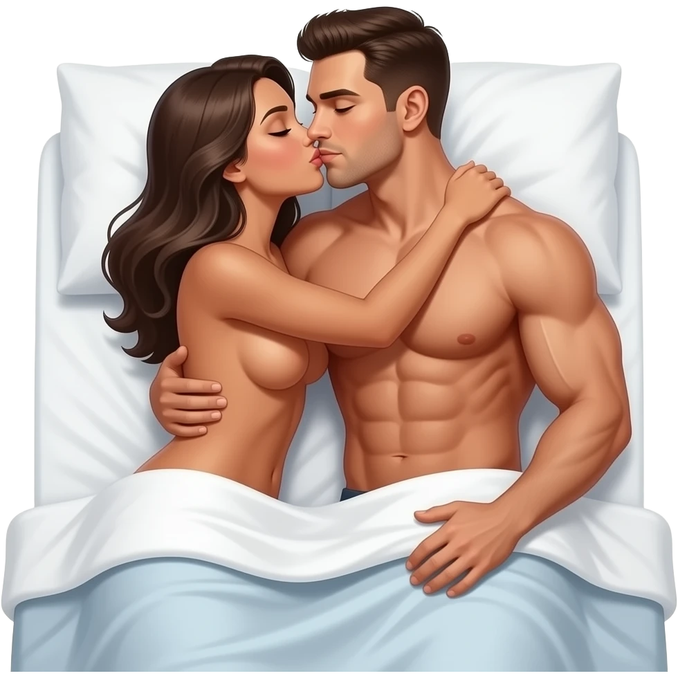 a deeply tanned naked woman kissing and hugging a deeply tanned muscular man in bed with bed sheets down to their waists emoji