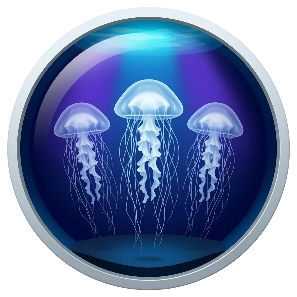 Big three jellyfish in a flat round aquarium swimming blue and purple light (dark water) emoji