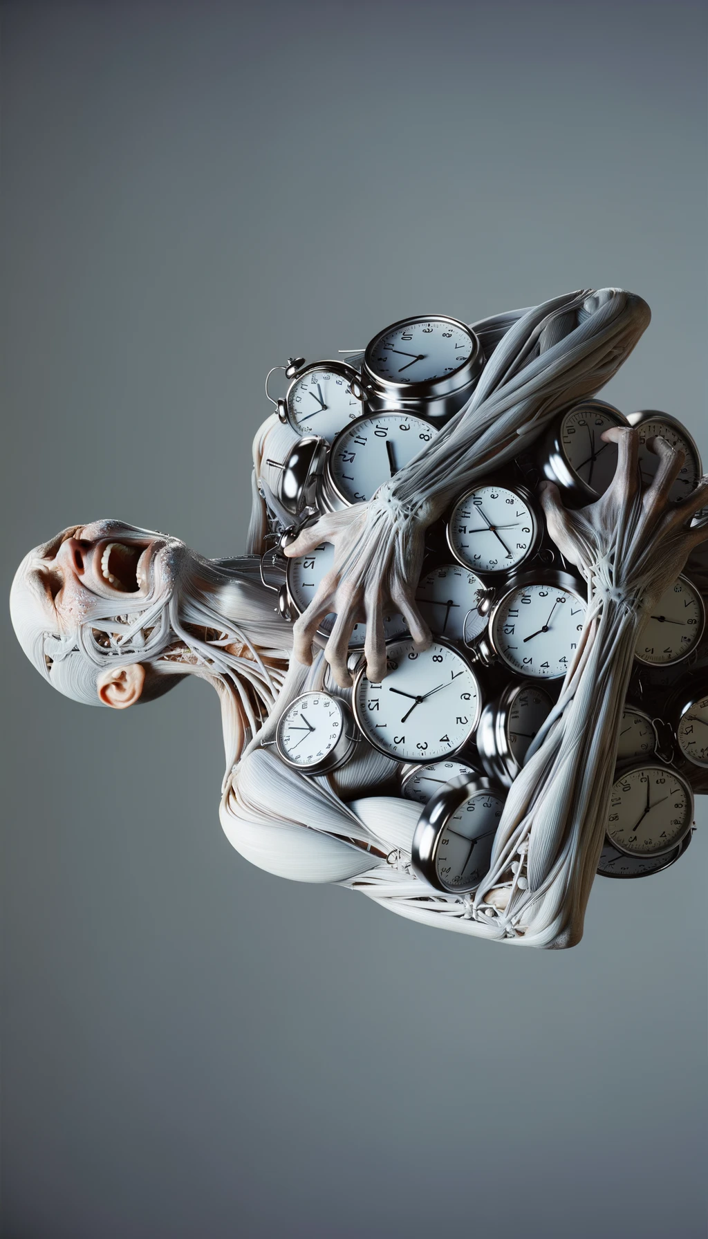 corpo umano anatomico CHE TIENE OROLOGI NELLE MANI E STA IMPAZZENDO PERCHé NON RIESCE A SVOLGERE TUTTE LE SUE ATTIVITà QUOTIDIANE: NON HA TEMPO, iperrealistico 4k emoji