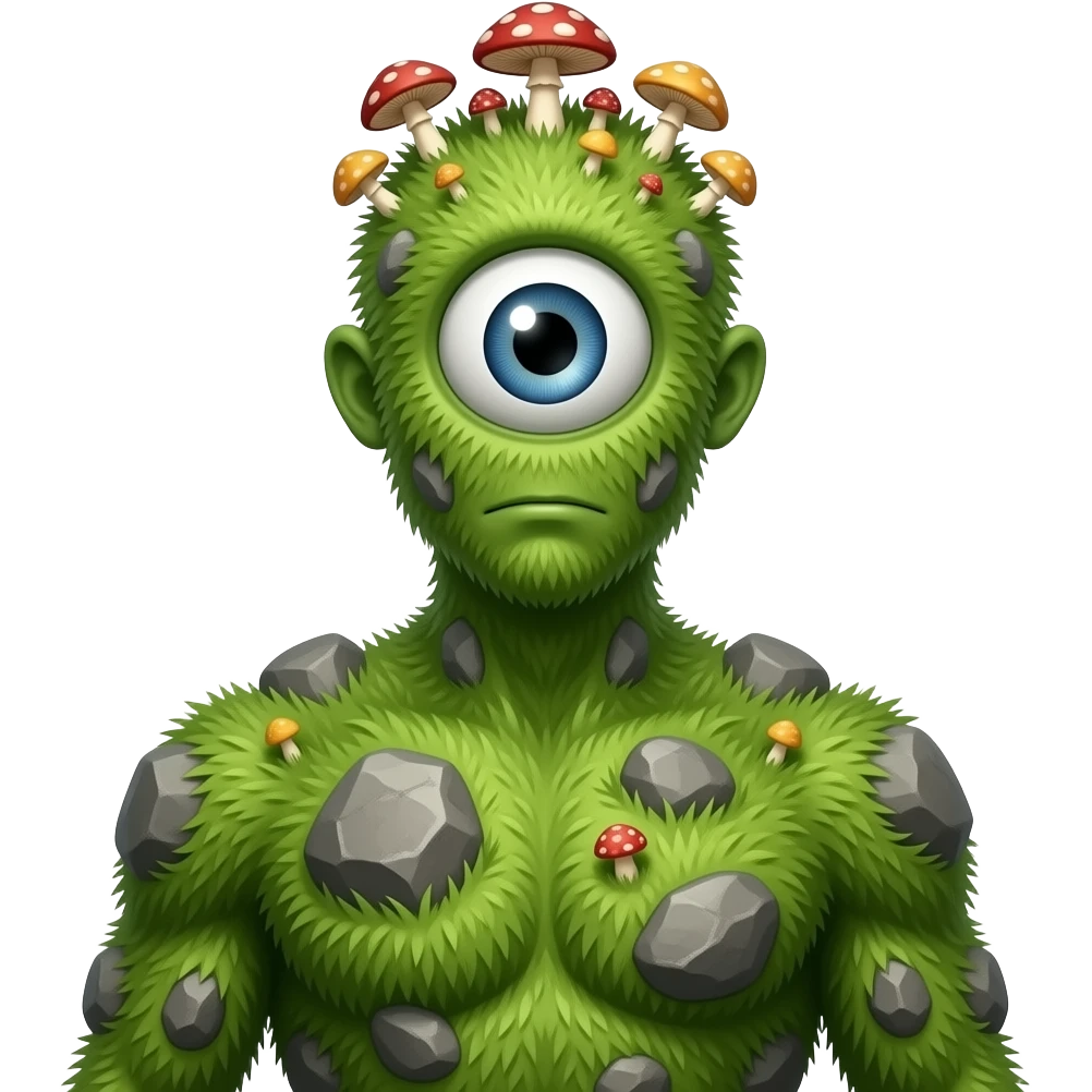 A humanoid thing with grass on it with rocks on it different mushroom growing on its head with no ears no mouth one single eye full body emoji