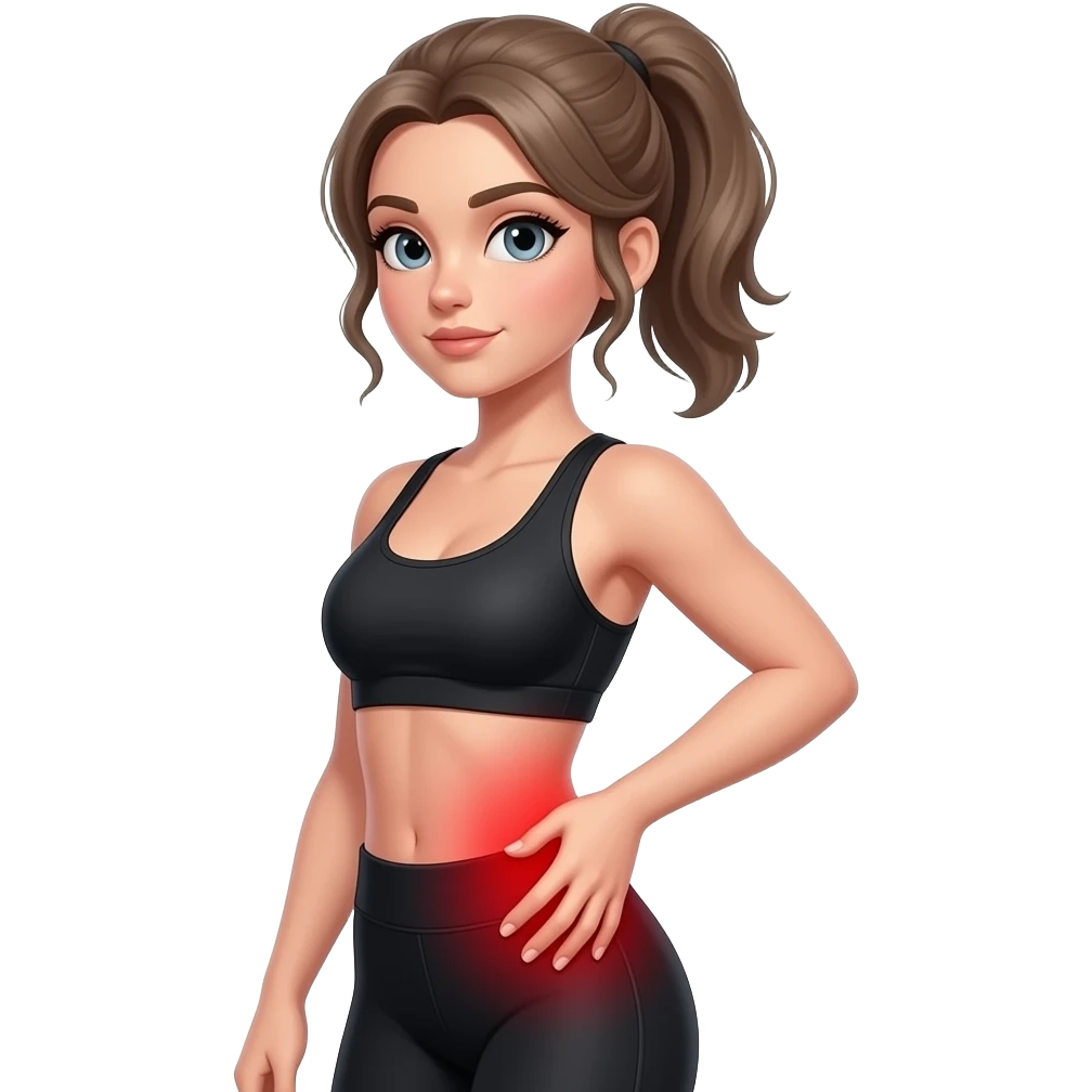 glute pain, red glow on glutes, side pose, woman touching hip and glute area, fair-skinned woman, gray-blue eyes, ash brown brows, ash light brown hair tied back, slim athletic body, black workout set emoji