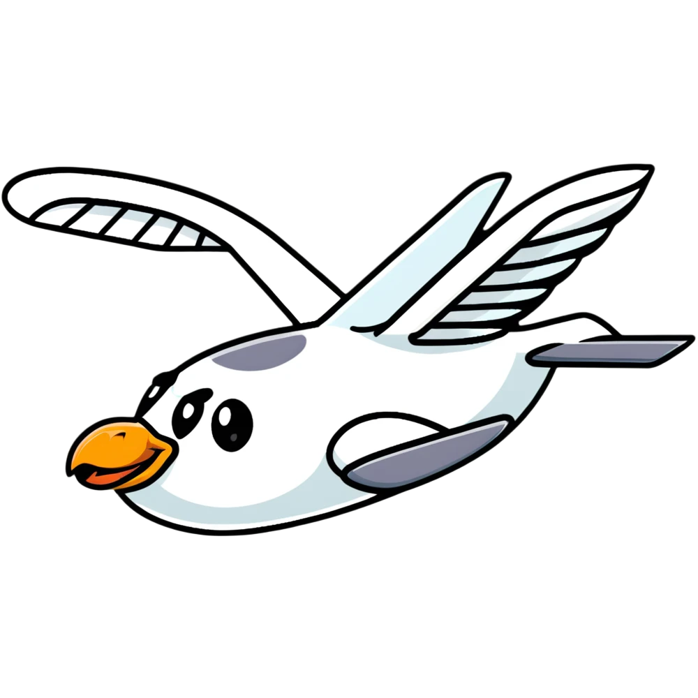 A cute airplane with a goose head and neck, flying with aircraft wings emoji