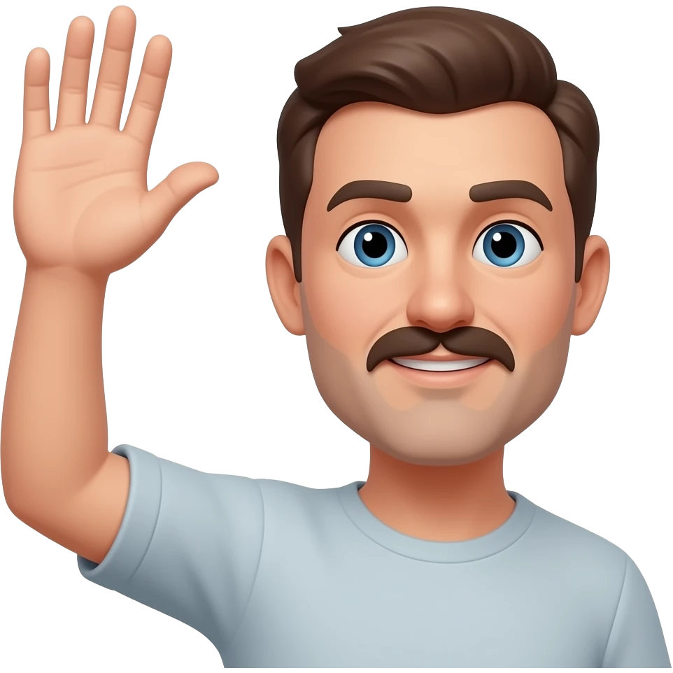 A Failed artist with short mustache and no beard raising his hand at 45 angle while his fingers are open emoji