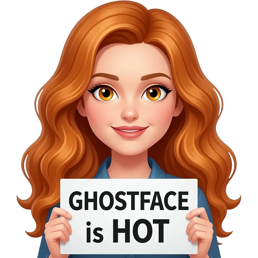sexy girl with long wavy ginger hair and ginger eyes is holding a GHOSTFACE is HOT sign emoji