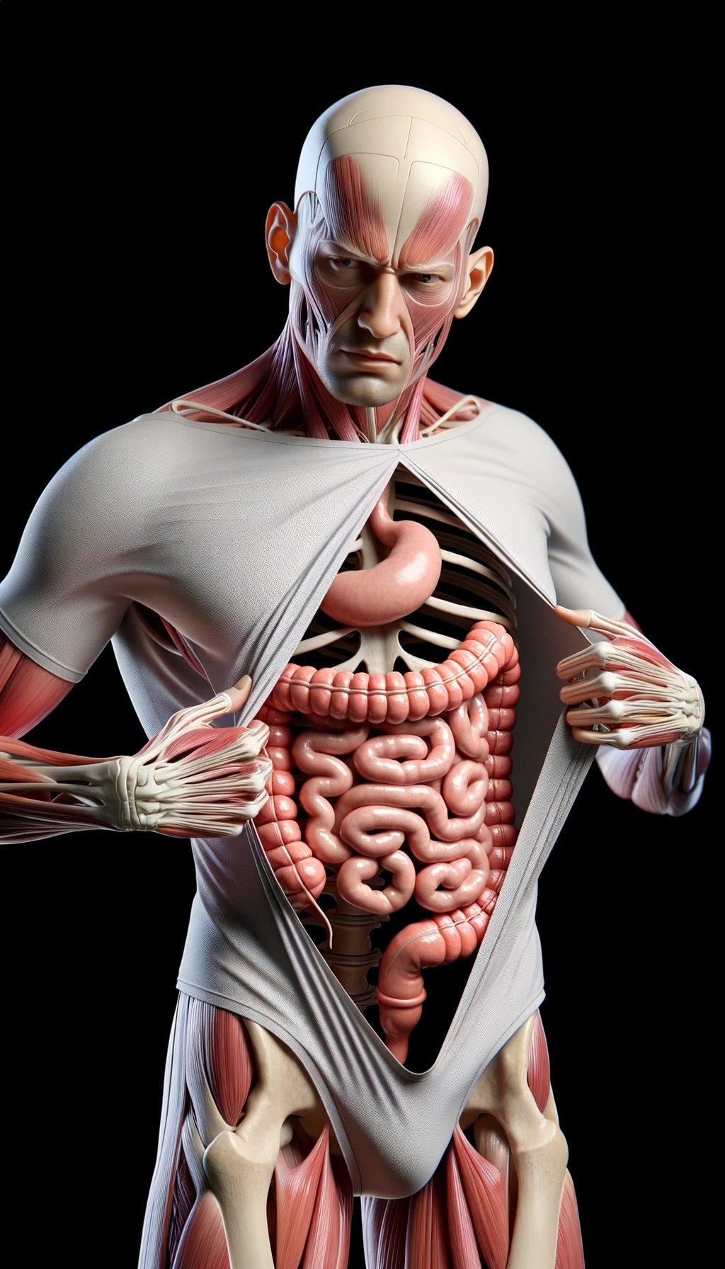 CORPO UMANO ANATOMICO CON INTESTINO UMANO ANATOMICO IN EVIDENZA CHE INDOSSA UNA MAGLIA SINTETICA, SI AFFERRA LA MAGLIA PER OSSERVARLA MEGLIO CON ESPRESSIONE DUBBIOSA IN VOLTO, iperrealistico 4k emoji
