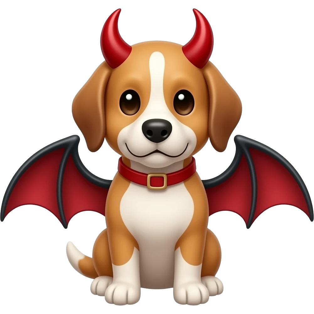 dog standing pose front view with red devil horns and bat wings emoji