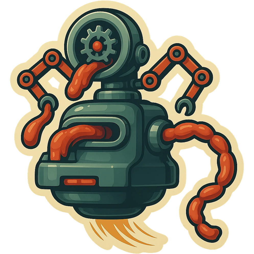 sausage-processing droid. retro-futuristic style. in front is a large industrial grinder rotating gears and blades. Two robotic arms feed material into grinder. Sausage links extrude from the rear like  factory. The body is metallic, compact, and floats above the ground.no legs. Dark humor emoji