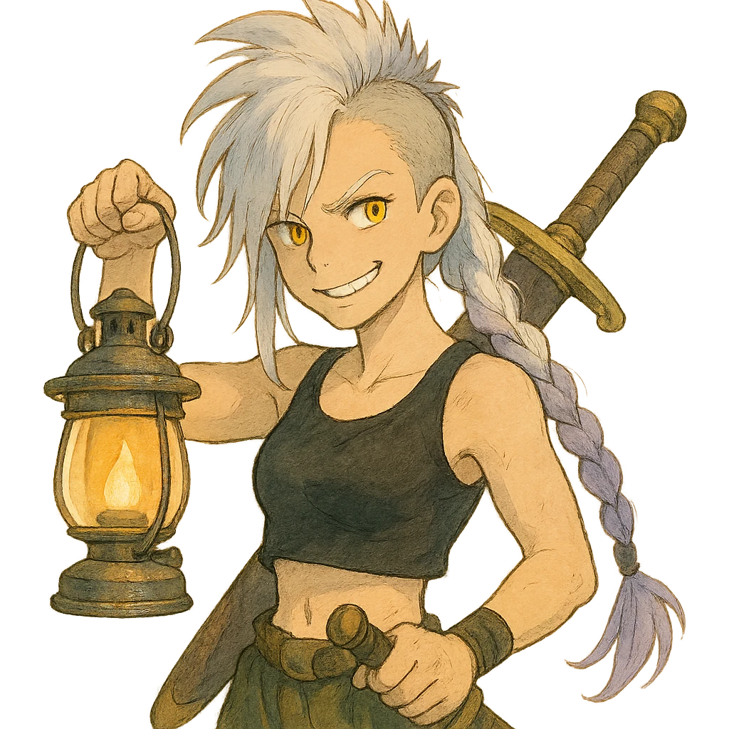 A sword maiden, mohawk, long braid white hair with lavender and tips long messy bangs one side, gold yellow eyes, black crop top, brandishing a lantern. Mischievous smirk emoji