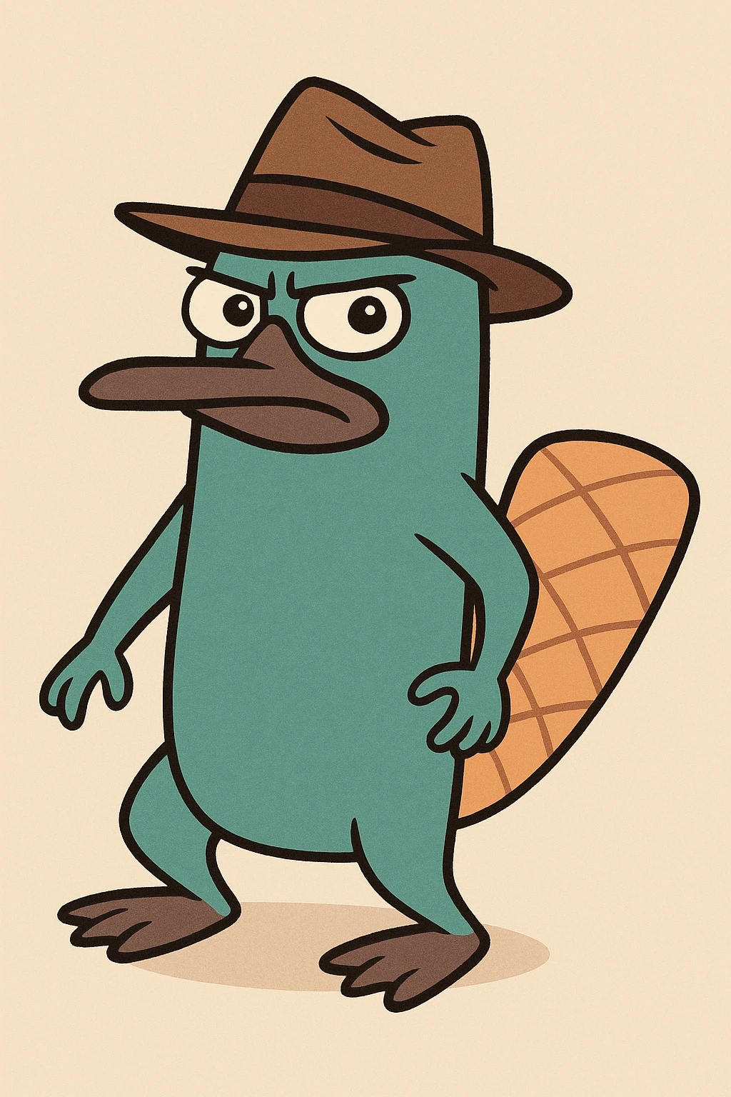 teal platypus wearing a brown fedora, simple, clear, character-focused emoji