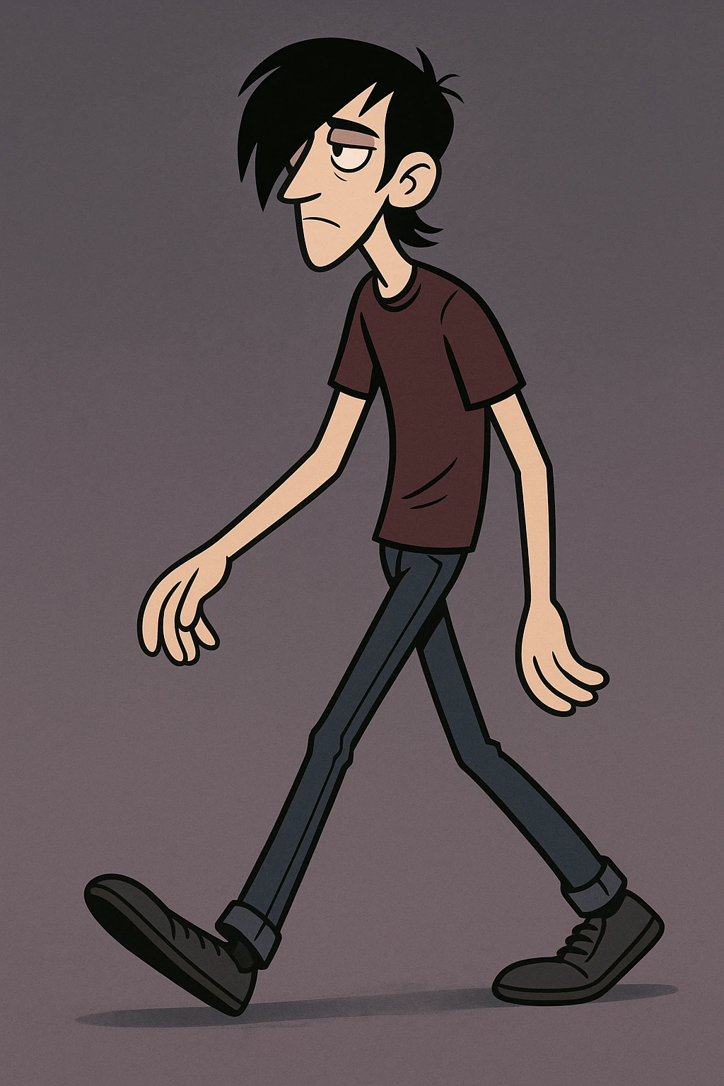 tall thin man with long black emo bangs walking, casual clothes, stylized, flat toon style, moody vibe emoji