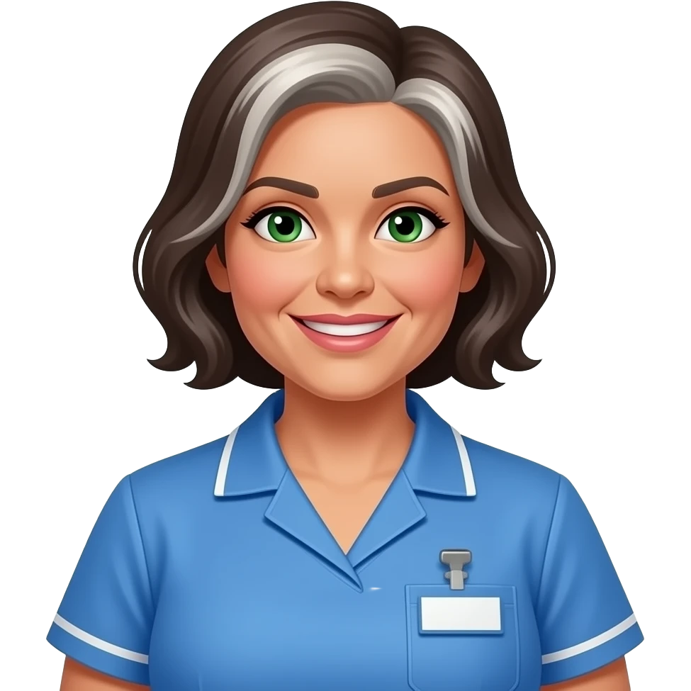 hispanic, female, nurse,green eyes, 180 pounds asimetrical short hair some white, always smiling, kind, around 45yr of age loves, blue, thin ayebrows, lips not full but not thin emoji