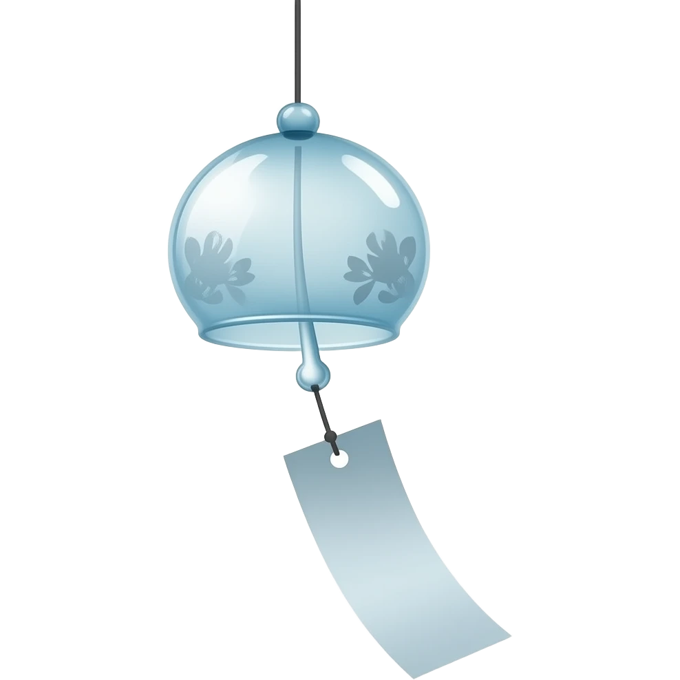 A delicate Japanese furin wind chime hangs gently in the air, suspended by a thin string. It features a single piece of paper attached below, swaying softly with every breeze. The subtle movement creates a sense of calm and quiet elegance, capturing the essence of minimalism and serenity. emoji