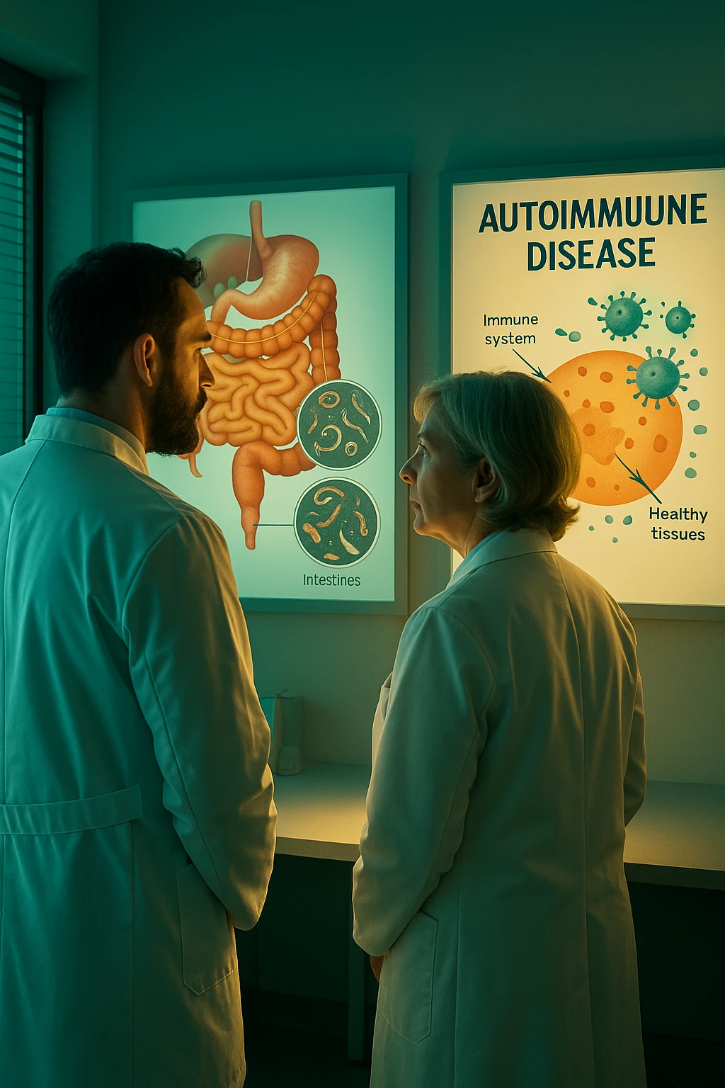 Realistic, detailed photo taken from behind of two doctors—a bearded man and a middle-aged woman—standing side by side in a modern medical office, intently studying a large, illuminated medical chart on the wall. The chart displays a detailed diagram of the human digestive system, highlighting the intestines and showing microscopic images of intestinal parasites. Next to it, another chart illustrates the immune system attacking healthy tissues, visually connecting gut parasites to autoimmune disease mechanisms. The room is bathed in a single green-blue color, with a warm, yellow-orange light casting soft shadows around the doctors. Both wear white coats and have serious, focused expressions, suggesting a deep discussion about the root causes of autoimmune conditions. Shot with a Canon EOS R5, with high detail, natural depth of field, and a clinical yet dramatic atmosphere. emoji
