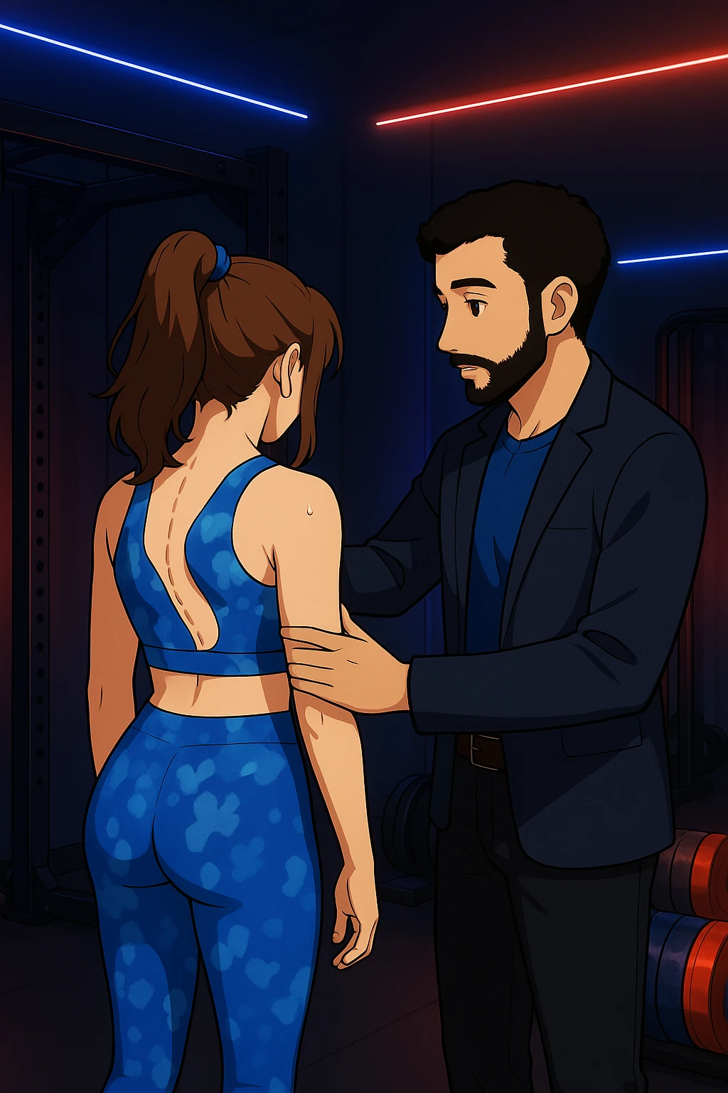 ispirati a questo stile di disegno e fai questa immagine in versione manga/webtoon a colori, il manga mostra la donna di spalle, mentre l'uomo le tocca la spina dorsale per spiegarle come funziona la scoliosi:
Con una scoliosi il baricentro corporeo cade maggiormente da un lato; per non cadere la schiena compensa accumulando tensione sul fianco opposto.
Il risultato? Si inclina e ruota sempre più, fino a che non cede (discopatie, artrosi, ecc) emoji