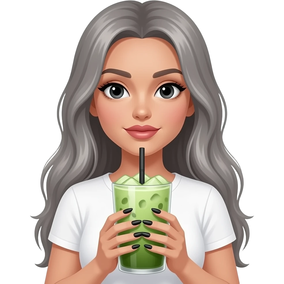 rich lady with black eyes, really long gray hair, black long nails, wearing a white tee and holding a large iced matcha emoji