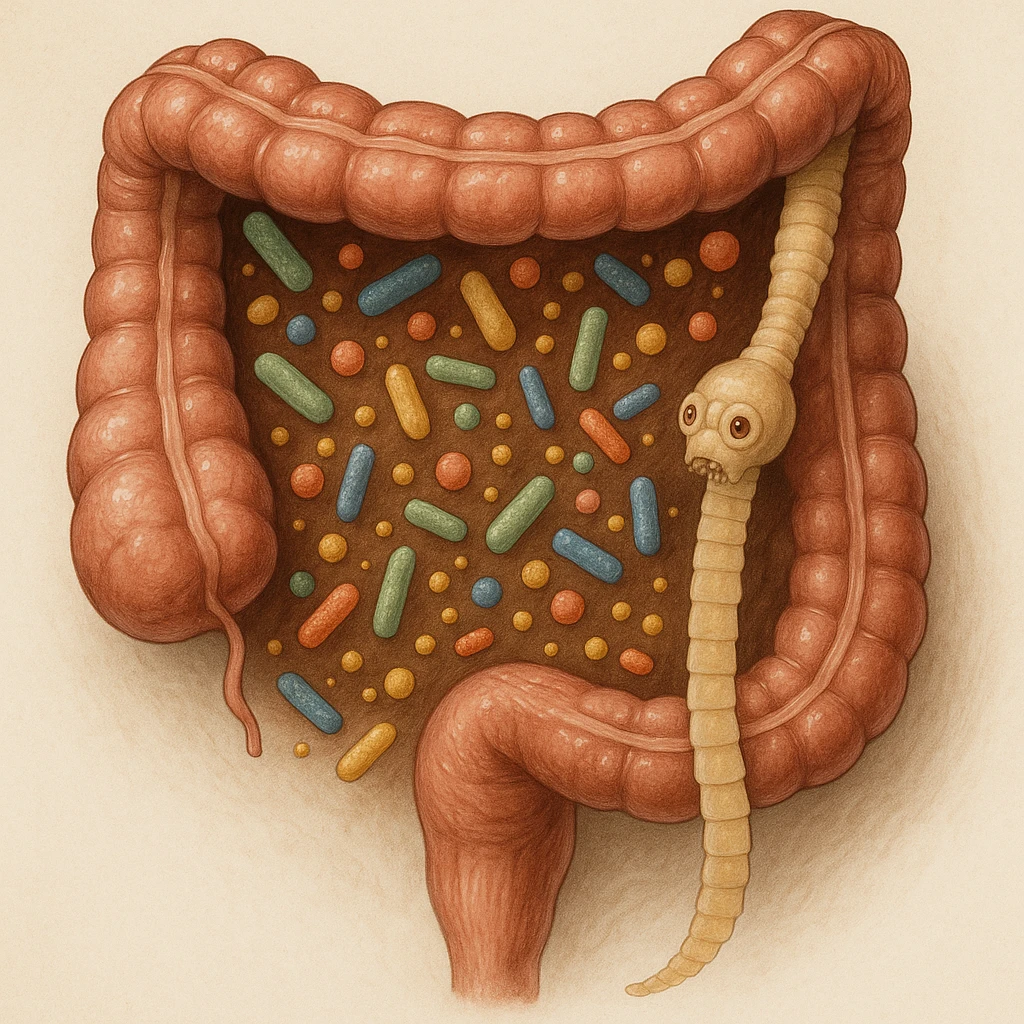 a medical illustration of a human realistic gut with bacteria and parasyte (tenia) realistic  emoji