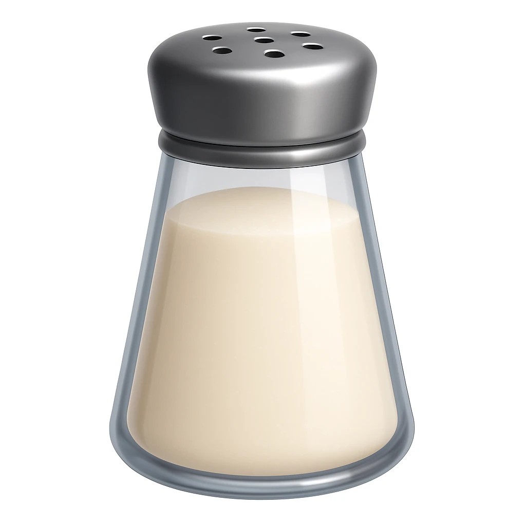 Keep the image exactly the same, just add salt shaker holes to the top of the metallic lid. The style is iOS emoji style, 3D, shiny, smooth gradients, soft shadows, realistic salt shaker shape, no face. Add a glossy effect to the glass. emoji