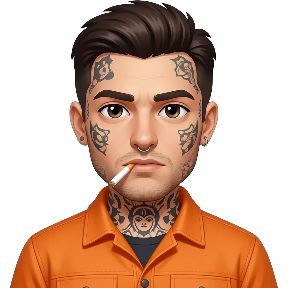 Multiple facial tattoos short dark brown hair  wearing an orange jumpsuit smoking a cigarette With a nose piercing and slight facial hair emoji