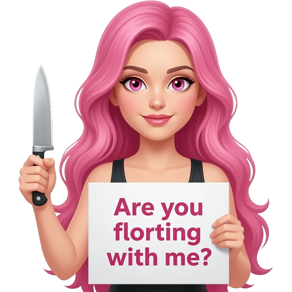 sexy girl with long pink hair and pink eyes wearing a holding a A KNIFE? Are you flirting with me? sign emoji
