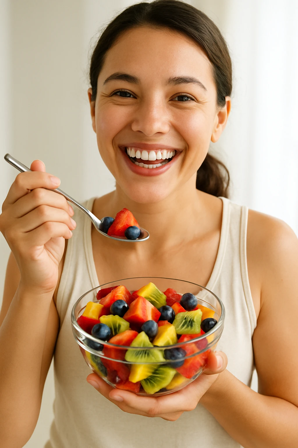 A cheerful person holding a glass bowl of colorful fruit salad with vibrant pieces of strawberries, kiwis, and blueberries visible. The person is wearing a casual, light-colored tank top and has a friendly, bright smile as they prepare to take a bite with a spoon. The overall composition focuses on health and enjoyment. emoji