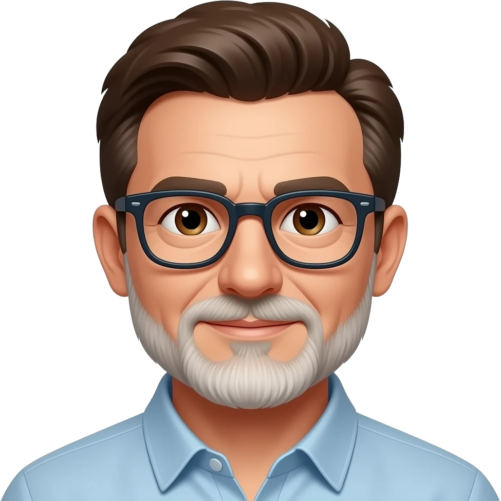 Hombre 60 años pelo marrón con algunas canas gafas ojos marrones y barba blanca muy corta emoji