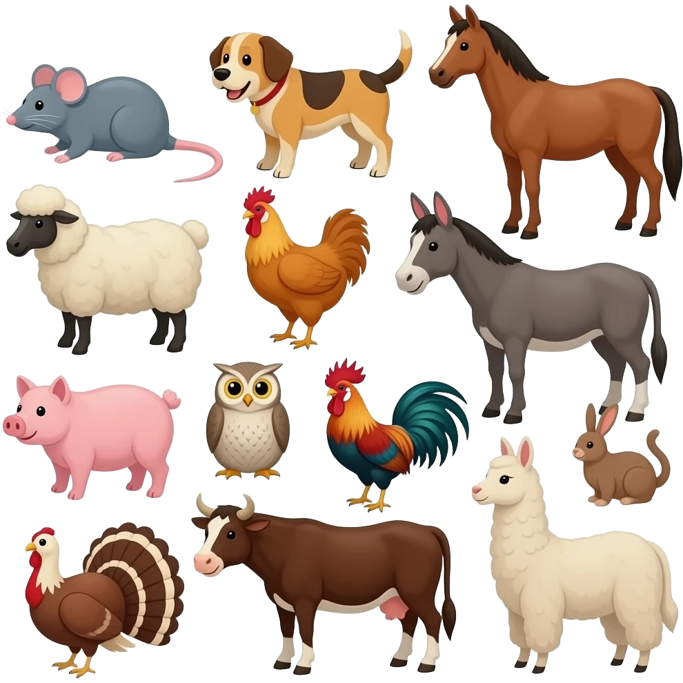 16 animals Duck, mouse, dog, horse, sheep, chicken, donkey, pig, goat, cat, owl, rooster, rabbit, Turkey, cow, and llama emoji