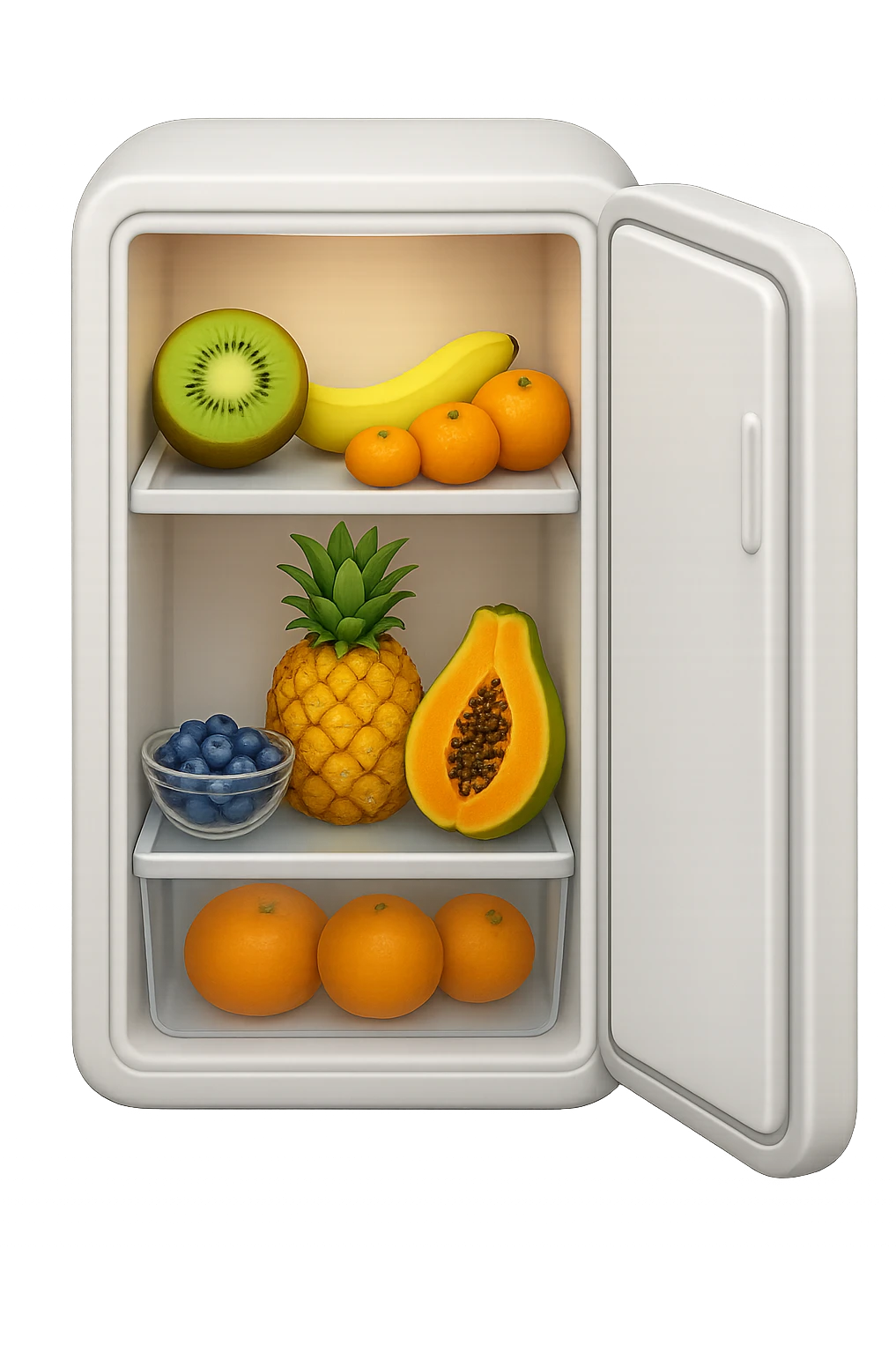 emoji stile iphone di un frigo aperto con dentro ben visibili questi alimenti: Kiwi
Banana acerba
Arance e mandarini
Mirtilli
Ananas
Papaya
IPERREALISTICO 4K emoji