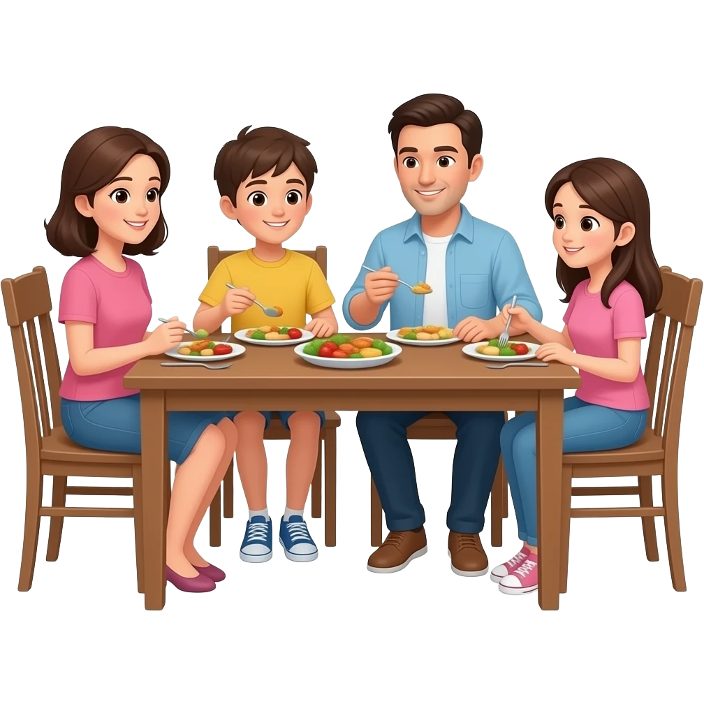 familia con hijos adolescentes comiendo al rededor de una mesa, que cada uno sea diferente emoji