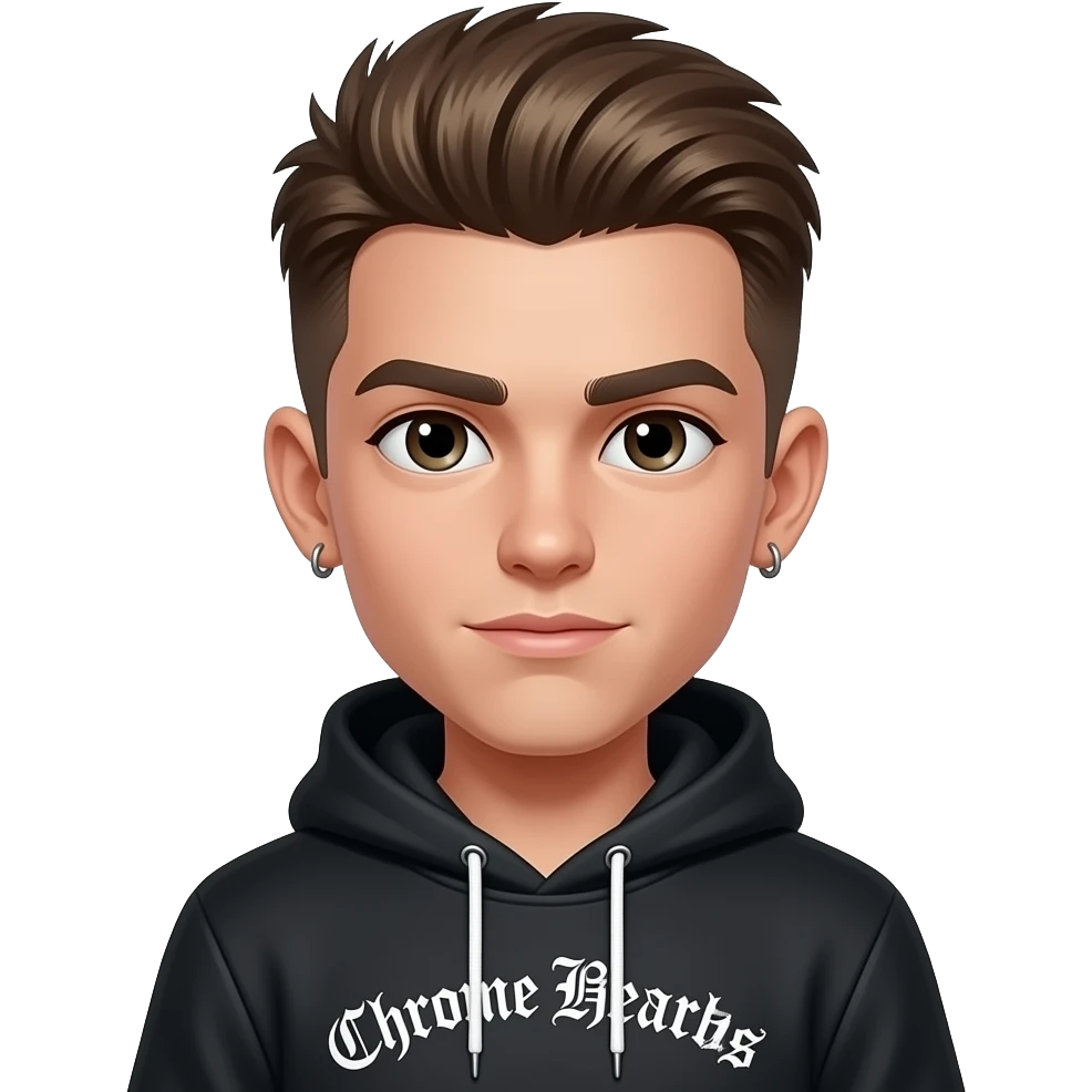 Boy with a modern mullet, a eyebrow on the right piercing ears pierced and chrome hearts hoodie emoji