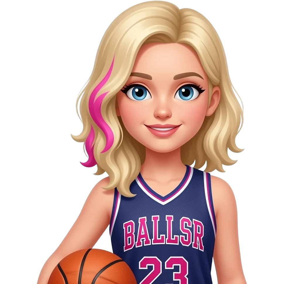 Make a blonde haired white girl have hot pink sides of her hair and make her shirt a basketball jersey and make her hold a basketball emoji