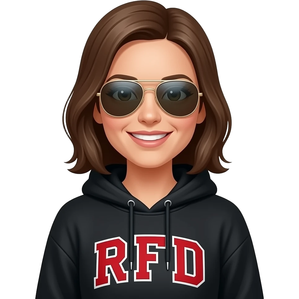 Woman in Black hoodie with red initials RFD wearing aviators, not smiling emoji