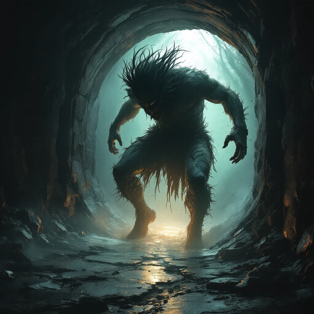 Depict Helvis halfway inside a portal, with his lower body already inside and his upper body, arms, and head still outside, flailing as he is pulled in backwards. The environment is dramatic and dark with an intense mood, rendered in Flux Pro style. emoji