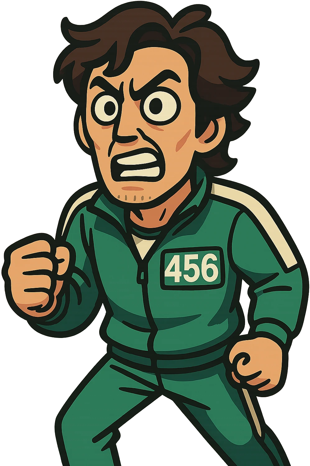 Player 456 from Squid Game, vibrant cartoon style, green tracksuit, number 456, expressive face emoji