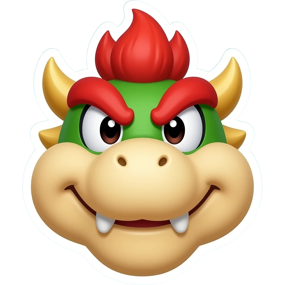 cute 3D bowser jr. emoji head, mischievous smirk, green top and beige face, big round snout, small fang tooth, expressive eyes, thick red angry eyebrows, red spiky flame hair on top, glossy toy style, smooth shading, sticker with thick white outline, centered, blue gradient background emoji