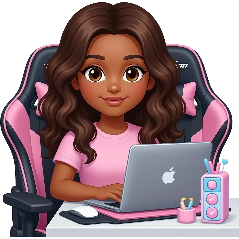 Crea una imagen al estilo de iOS 18 de una chica morena con cabello largo y ondulado castaño oscuro  y ojos marrones,  que este mirando una macbook y este sentada en una silla gamer frente a un escritorio con elementos girly de computacion emoji