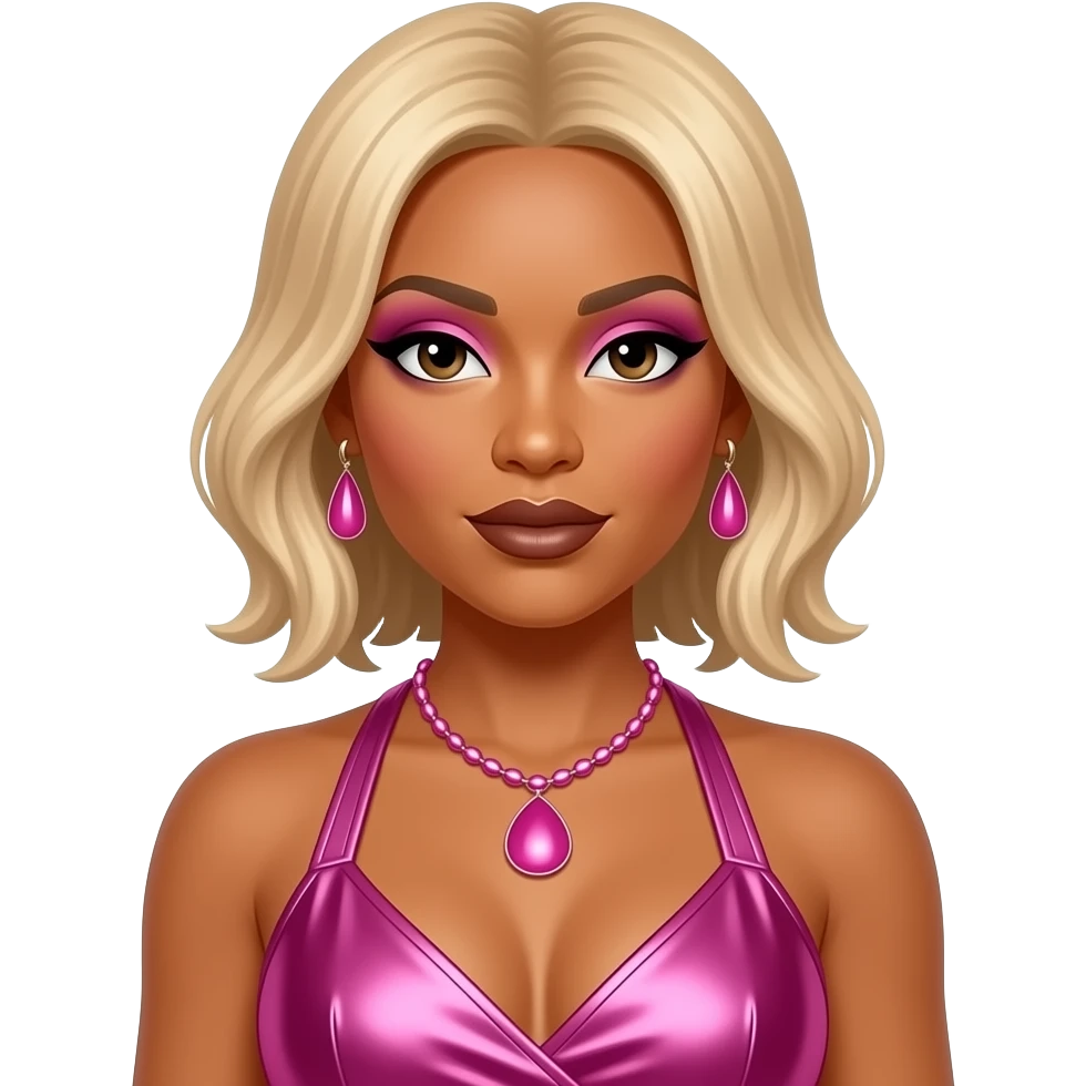 Tionne T-Boz Watkins from TLC with half long half short blonde hair, pink eyeshadow, dark brown lipstick, hot pink metallic halter dress, pink necklace and earrings emoji