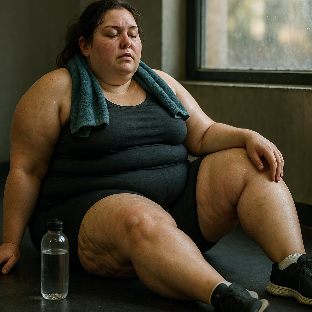 overweight woman relaxing after training, stubborn fat on legs and thighs, hyper realistic 4K style, skin details, reflective atmosphere emoji
