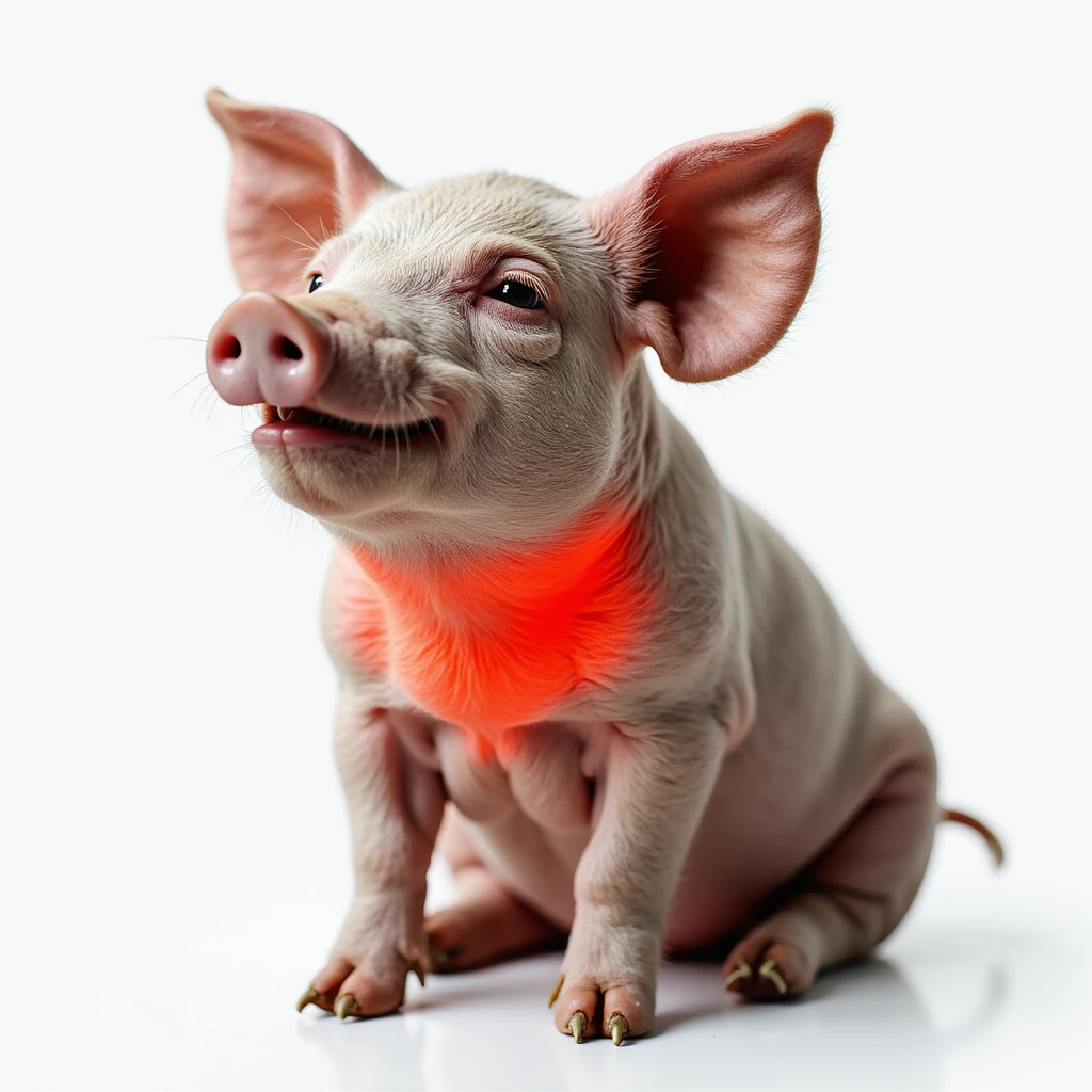 Realistic pig on isolated white background, thyroid area on neck highlighted in red, clear anatomical details, hyperrealism, 4K quality, pig sitting down emoji