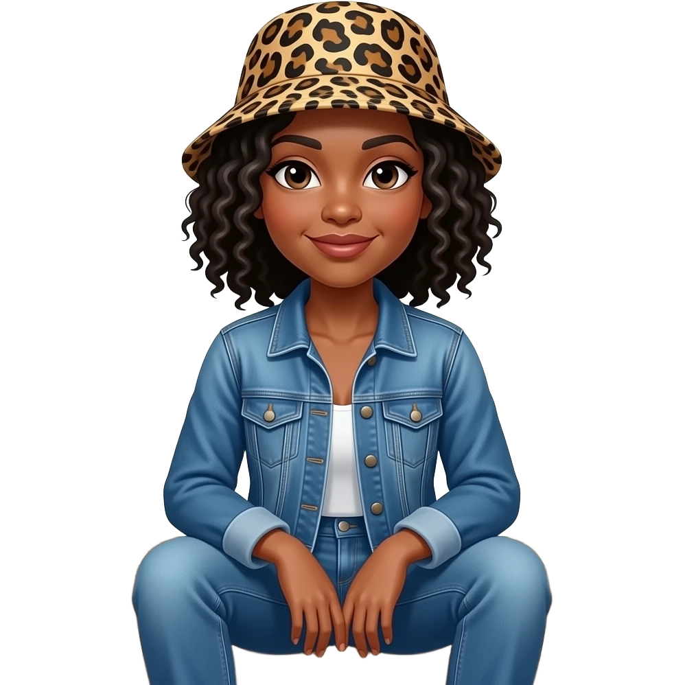 African American dark skin  woman with shoulder length black curly hair wearing a leopard print bucket hat wearing denim jeans and a denim jacket sitting on porch steps emoji