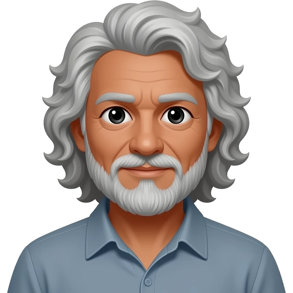 رمادي بشره قمحيّة اللون وعمرة ستون عاما رجل شعره كيرلي رمادي طويل عيناه اسود له لحية emoji