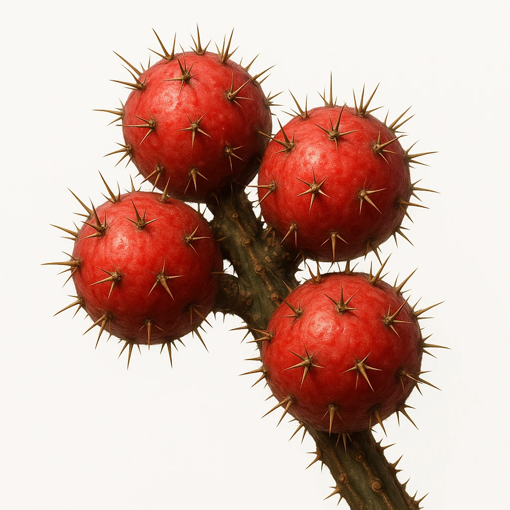 cluster of red round Stenocereus fruits with short cactus spikes on a branch, realistic style, white background emoji