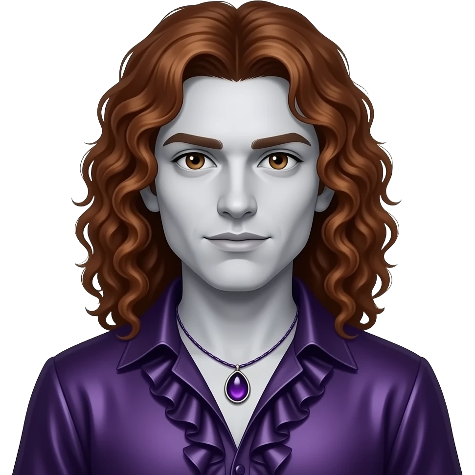Armand from The Vampire Chronicles with pale-grey skin, dark brown eyes, long auburn curly hair, dark purple metallic ruffle shirt, purple necklace emoji