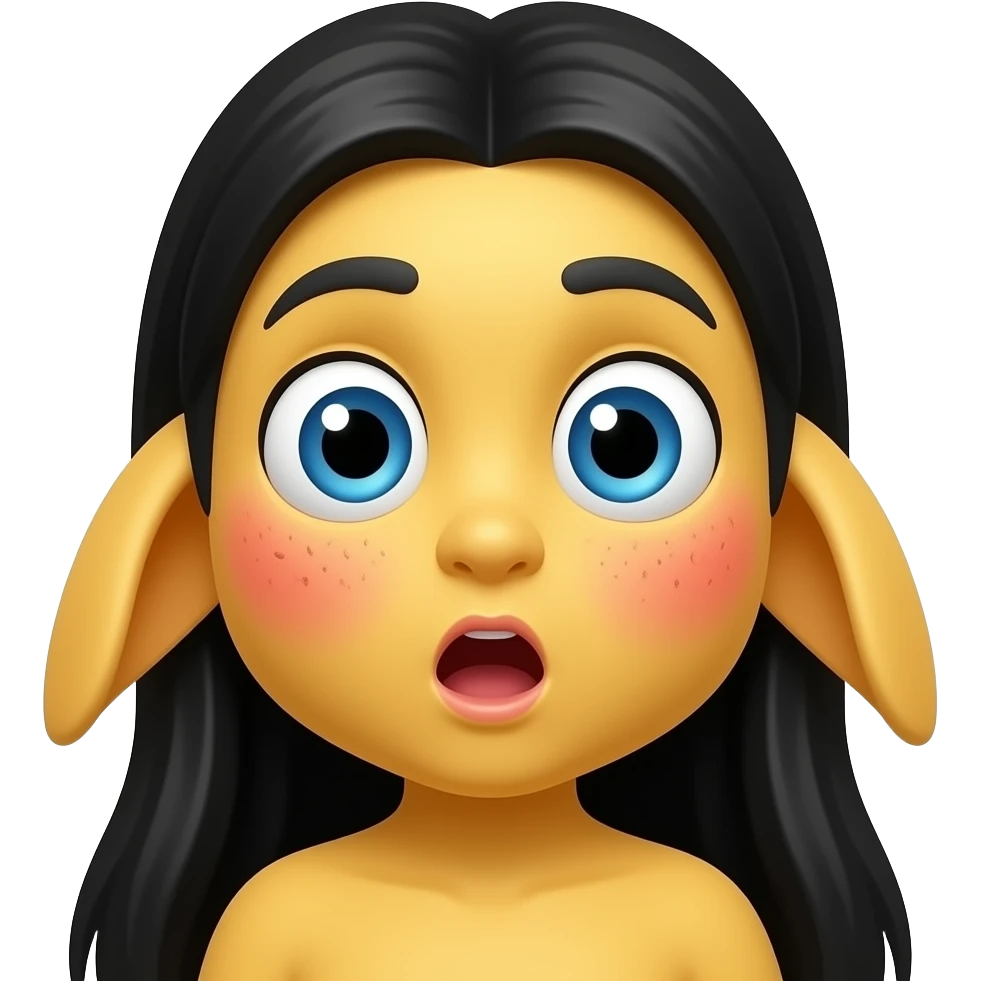 놀란 동공. 커다란 눈. 하얀 동공에 파란렌즈. 요다귀. 노란색 스킨. 붉은 홍조. 이마 주름은 없고 입은 O모양. 검정 긴생머리 emoji