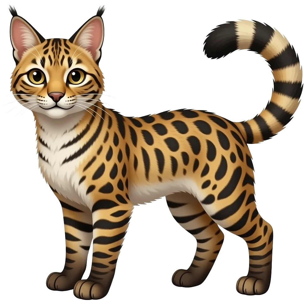 Tribal-Patterned vernid-Lykoi-Bobcat-Caracal-Serval-animal-hybrid-mix fantasy creature LiLaiRa Kamirah Falvie whiskers paws full body gradient stripes tufted tail feline emoji