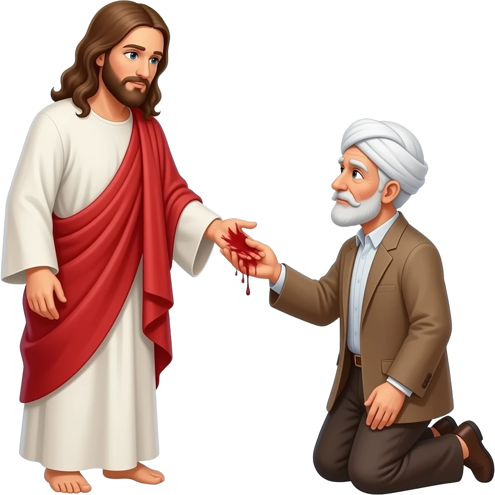 нарисуй как иисус протягивае руку пожилому мужчине мусульманину, который на коленях, а рука Иисуск кровоточит от распятия emoji