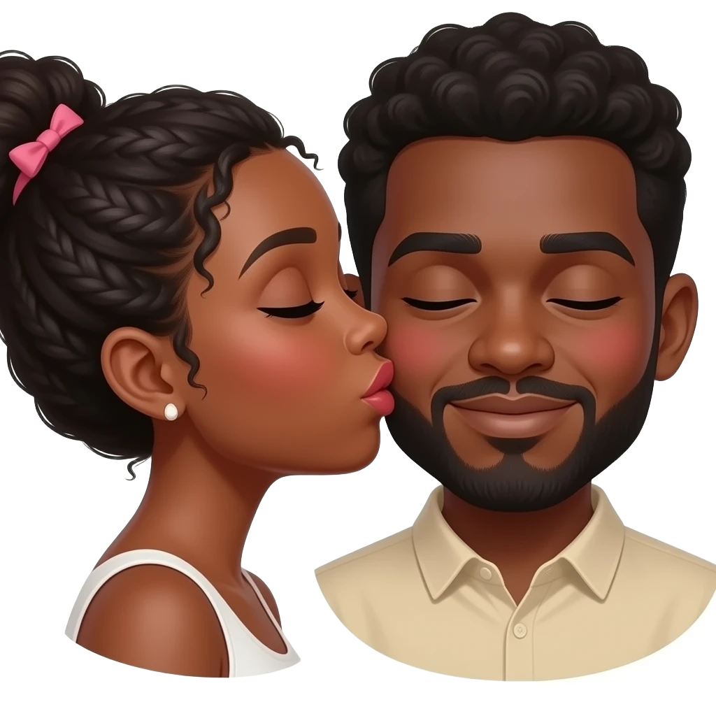 Black woman kissing lightskin black man on the cheeks as the black man blushes emoji